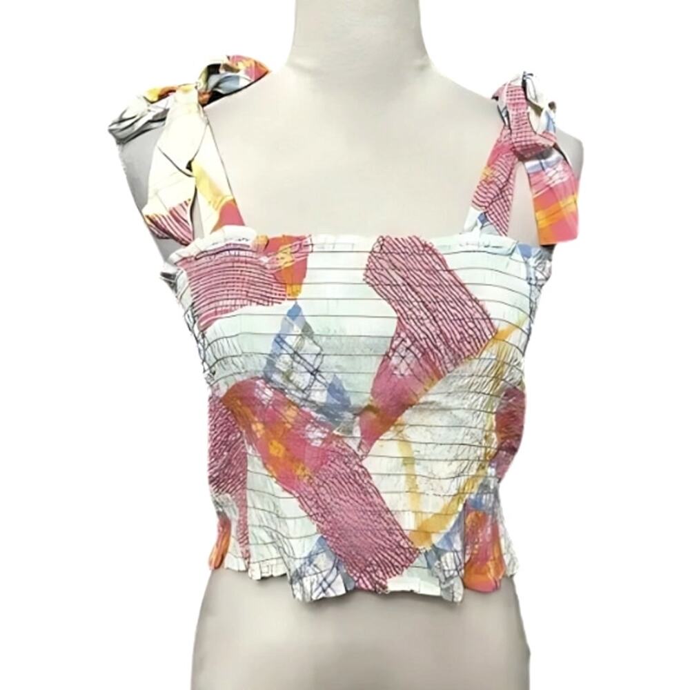 BP. Crop Top Smocked Adjustable Shoulder Tie Geometric Pattern Multi Pastel NWOT